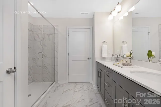 a bathroom with a double vanity sink a large mirror and shower