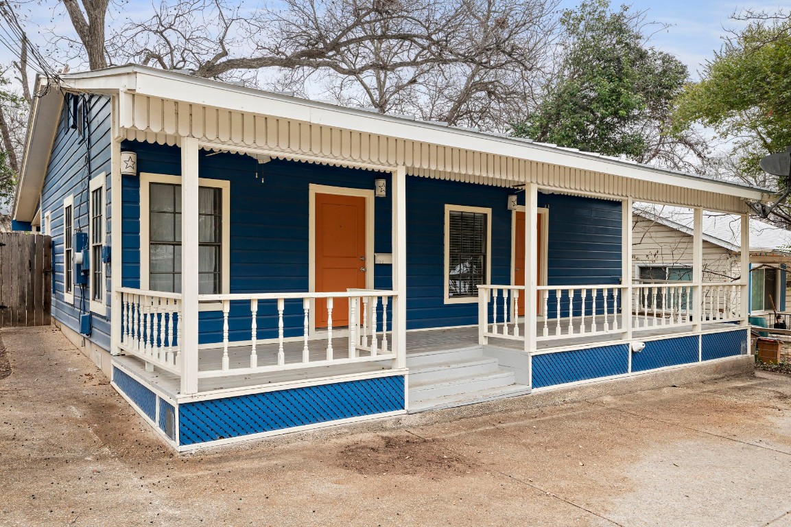 a view of a house with a large window