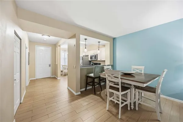 a view of a dining room with furniture