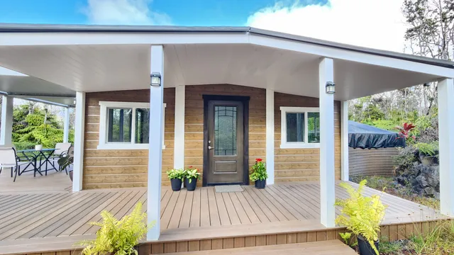 front view of a house with a patio
