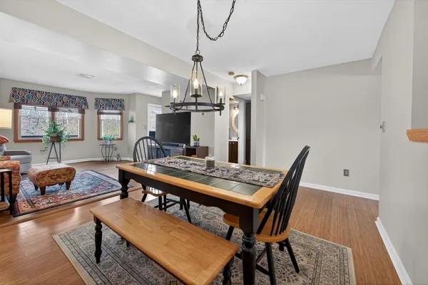 a view of a dining room with furniture
