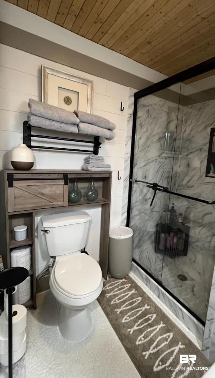 2514 Muscogee Road Gulf Shores, AL 36542 - Photo 24 of 60 Bathroom with toilet, an enclosed shower, and wooden ceiling