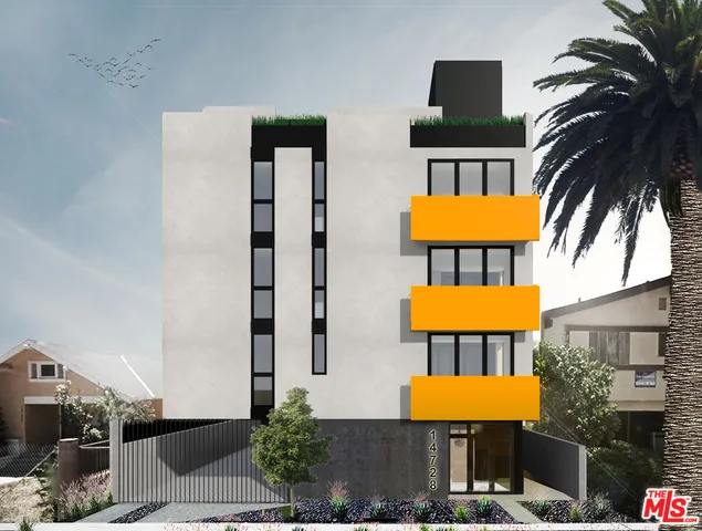 a front view of a building with lamps and trees