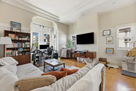 a living room with furniture potted plant and a rug