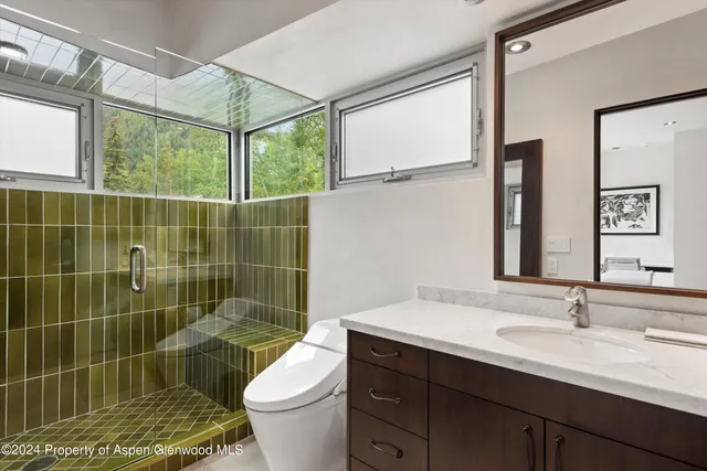 a bathroom with a sink toilet and shower