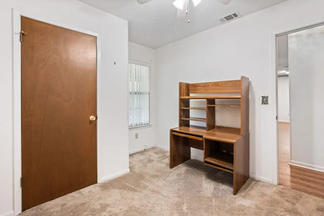 a backyard of a house with plants and large tree