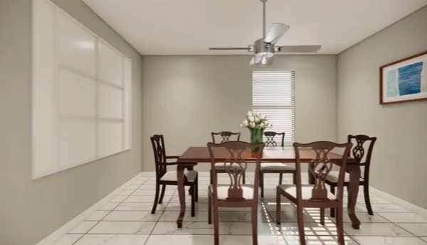 a view of a dining room with furniture