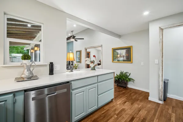 a bathroom with a granite countertop sink a mirror and a potted plant