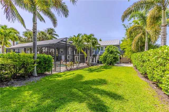 a view of a garden with potted plants and large trees