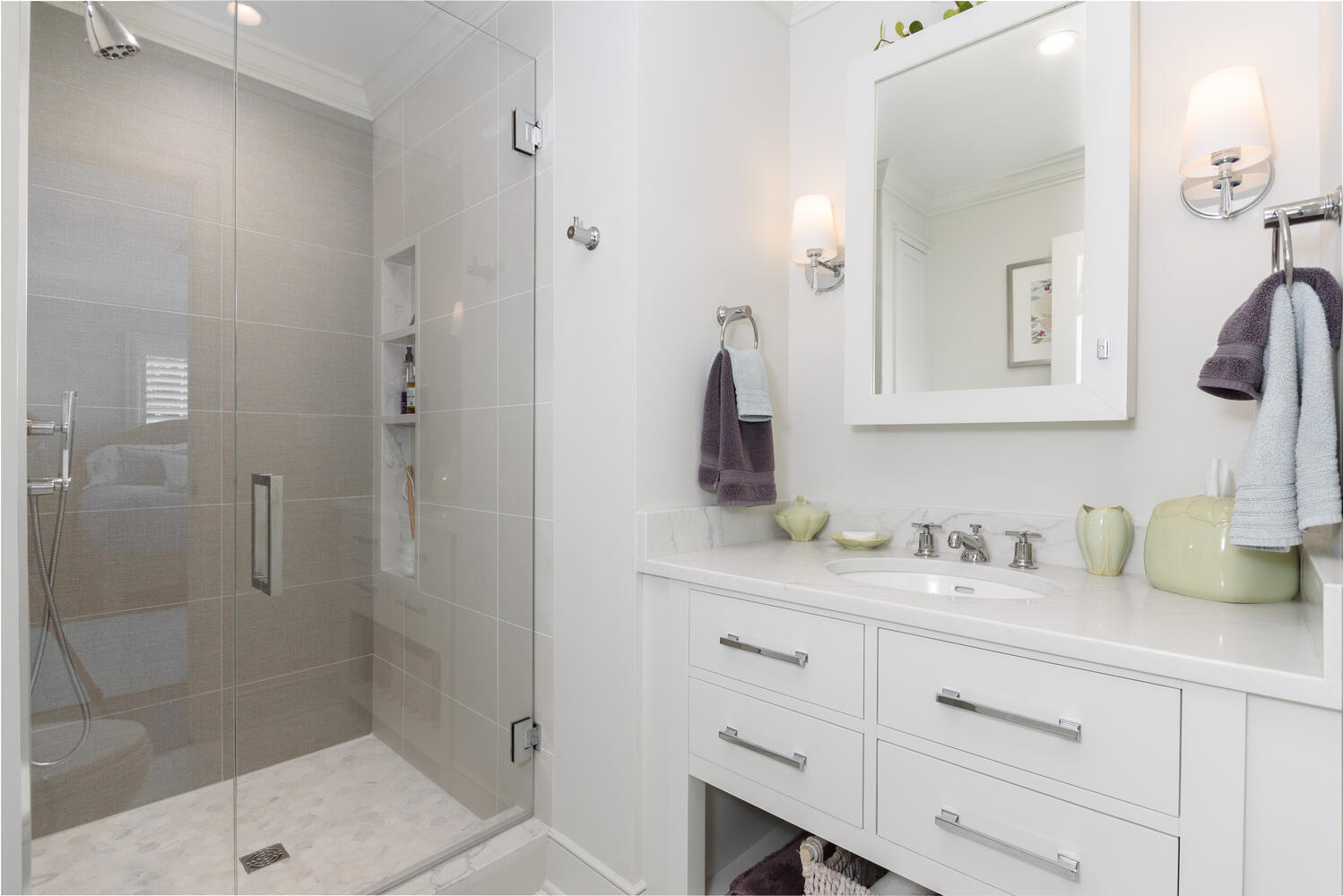 79 Rings End Road Darien, CT 06820 - Photo 29 of 42 a bathroom with a double vanity sink mirror and shower