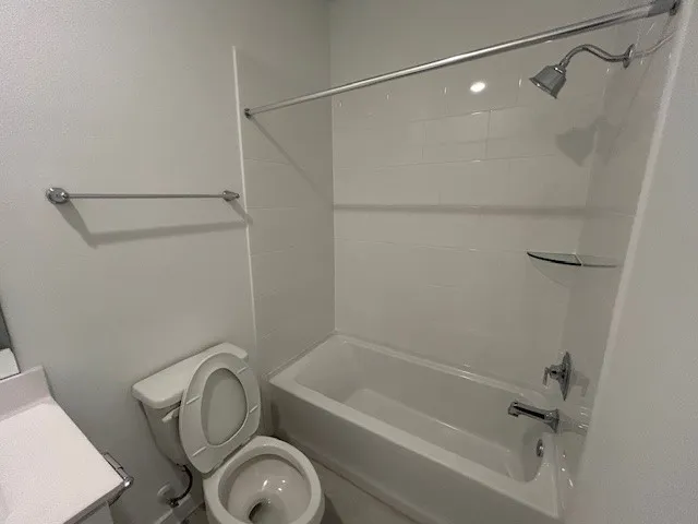 a bathroom with a shower and a toilet