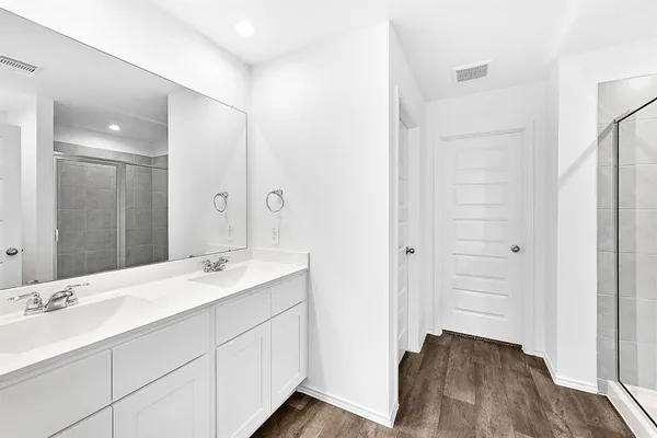 a bathroom with a double vanity sink a mirror and a shower