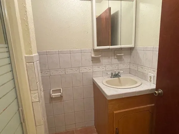 a bathroom with a sink and a mirror