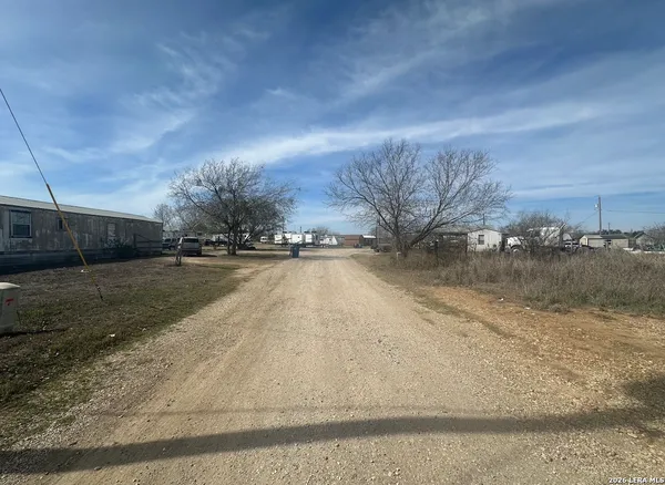 a view of a dry yard with trees