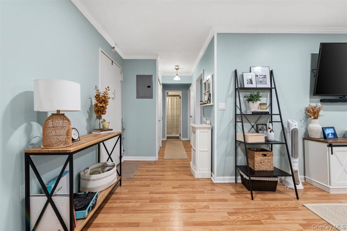 700 Shore Road, Unit 7Y Long Beach, NY 11561 - Photo 4 of 31 Hallway with electric panel, crown molding, and light wood finished floors