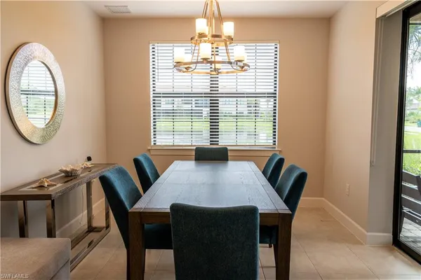 a view of a dining room with furniture window and outside view
