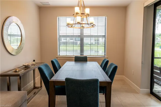 a view of a dining room with furniture window and outside view