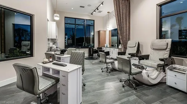 a view of a dining room with furniture