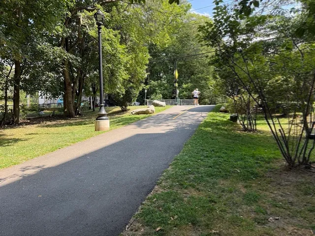 a view of swimming pool with lawn chairs and large trees