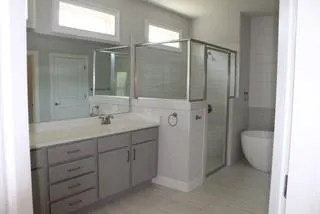 a bathroom with a double vanity sink a toilet and a shower