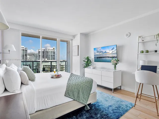 a bedroom with a bed and a desk