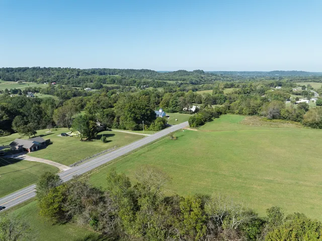an aerial view of residential houses with outdoor space and trees