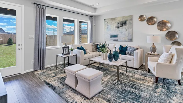 a living room with furniture and a rug