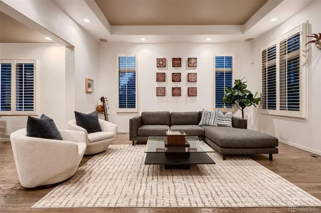 a view of a dining room with furniture and window