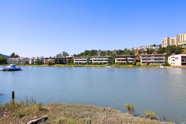 a view of a lake with boats and trees in the background