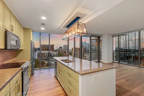 a kitchen with counter top space
