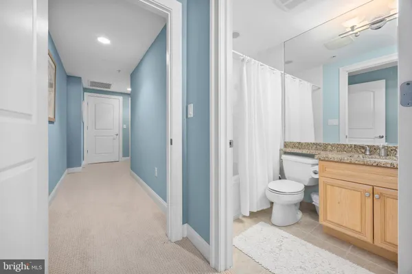 a bathroom with a granite countertop toilet and a bathtub
