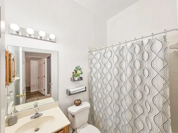 a bathroom with a sink mirror and toilet