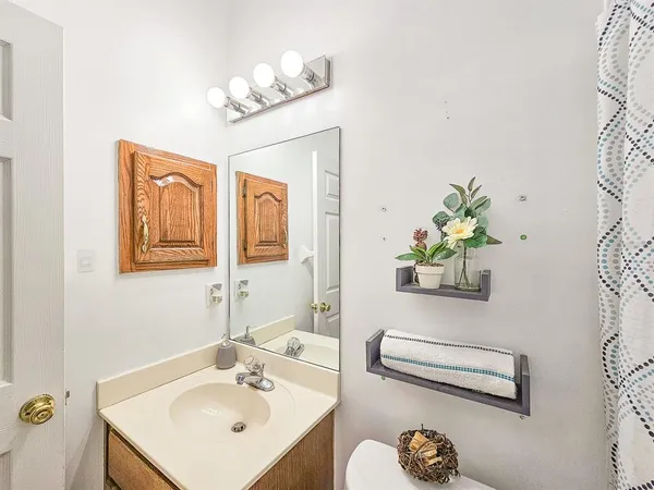 a bathroom with a sink mirror and vanity