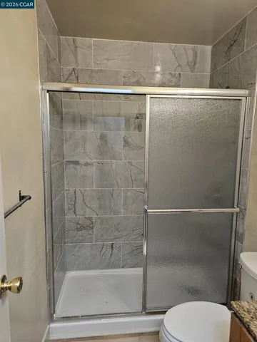 a bathroom with a shower and toilet