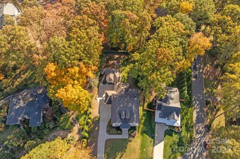 an aerial view of residential houses with outdoor space and trees