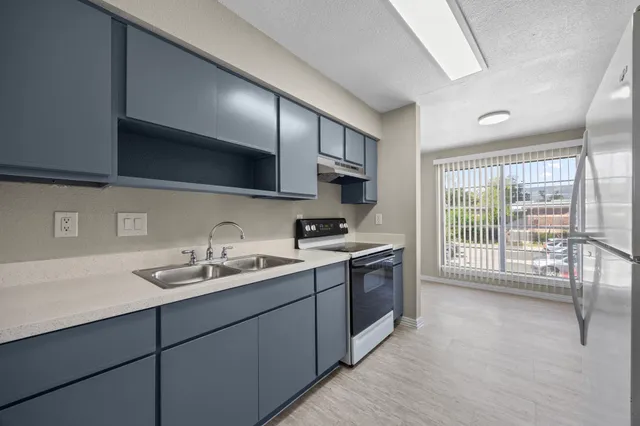 a kitchen with a refrigerator a stove and a sink