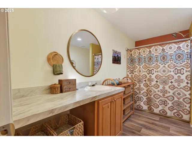 a bathroom with a sink mirror and a shower