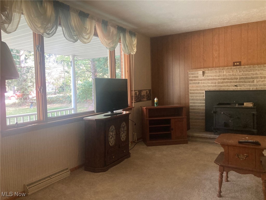 14225 Millersburg Road Southwest Navarre, OH 44662 - Photo 3 of 22 Carpeted living room featuring a woodburning fireplace
