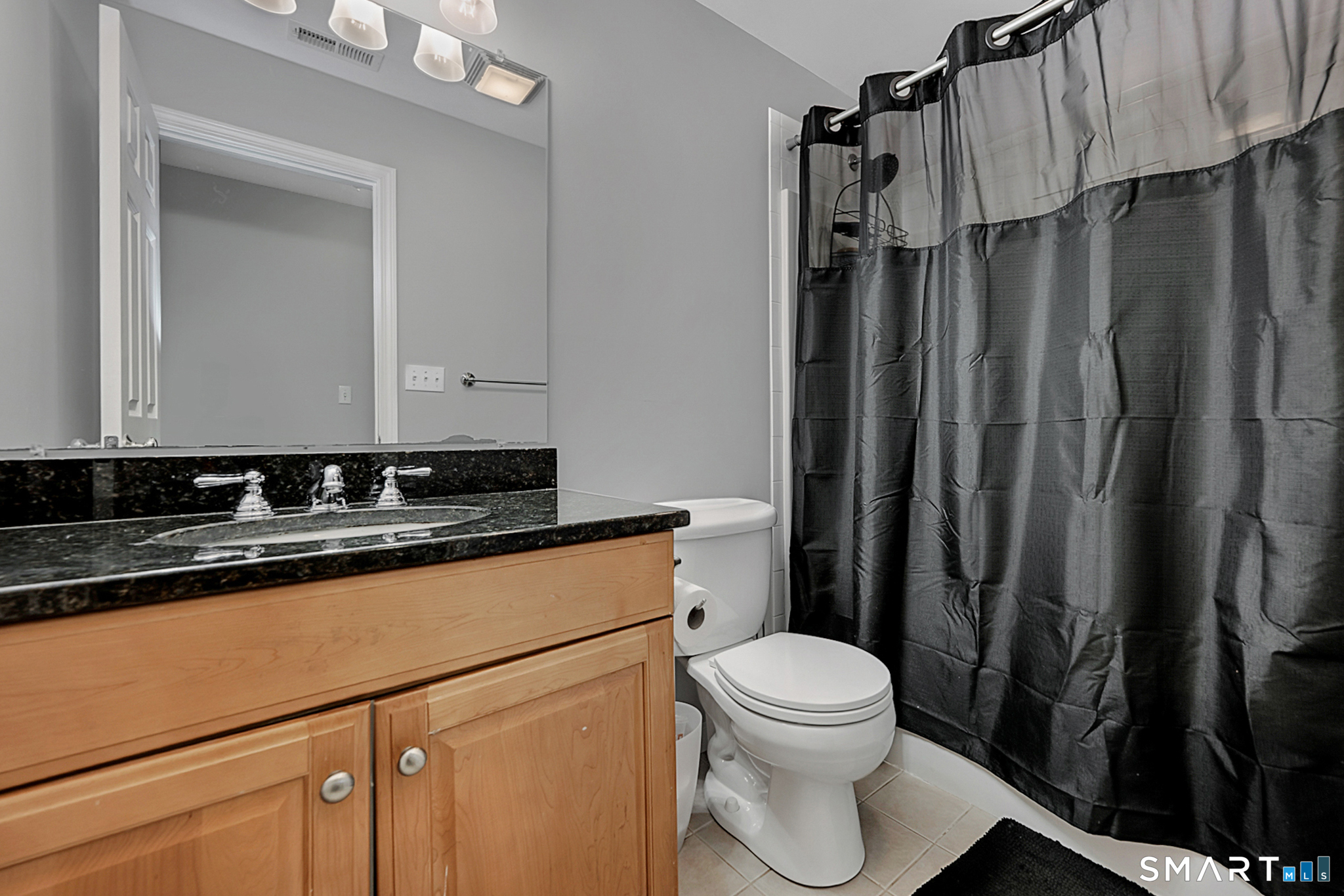 30 Silver Sands Road, Unit C9 East Haven, CT 06512 - Photo 15 of 36 a bathroom with a sink a toilet a mirror and shower curtain