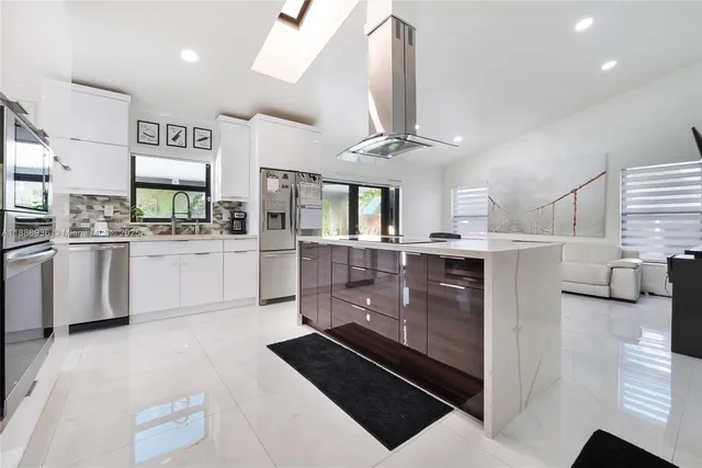 a kitchen with stainless steel appliances a refrigerator and a stove top oven
