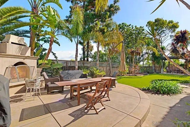 a view of a backyard with sitting area