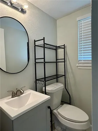 a bathroom with a sink a toilet and a mirror