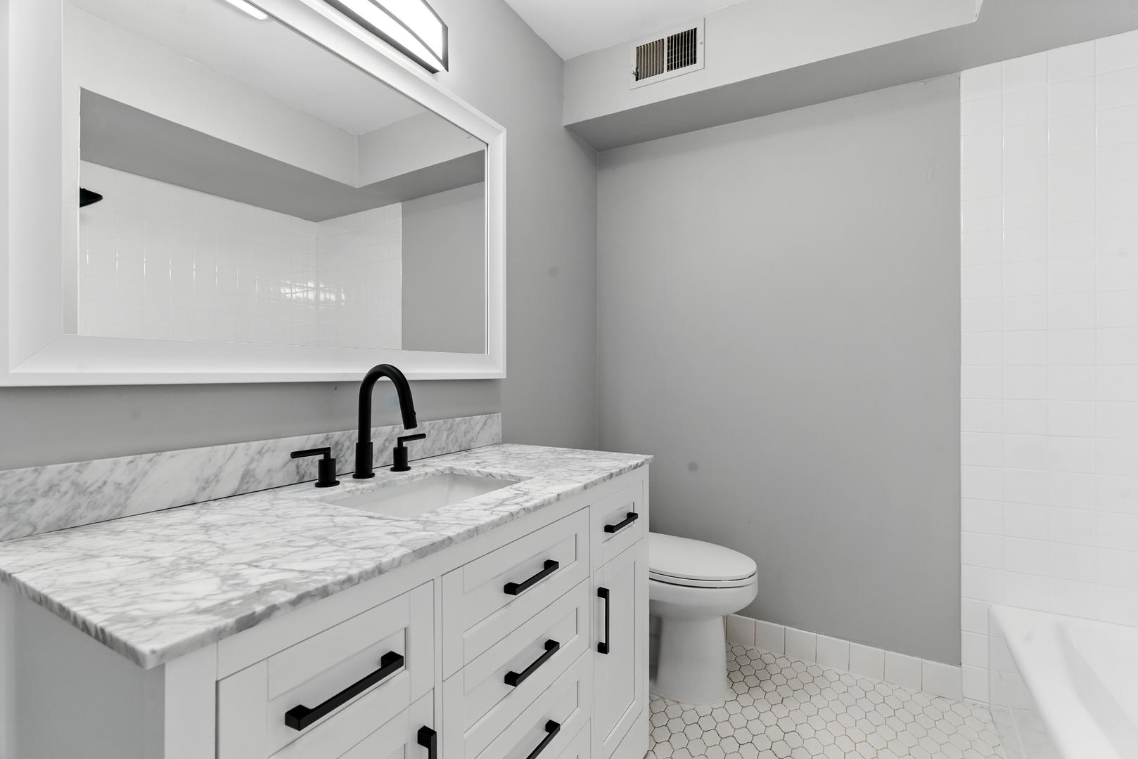 1415 Chartres Drive, Unit 1F Northbrook, IL 60062 - Photo 16 of 35 a bathroom with a granite countertop sink a toilet and mirror