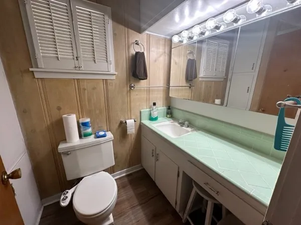 a bathroom with a toilet sink and mirror