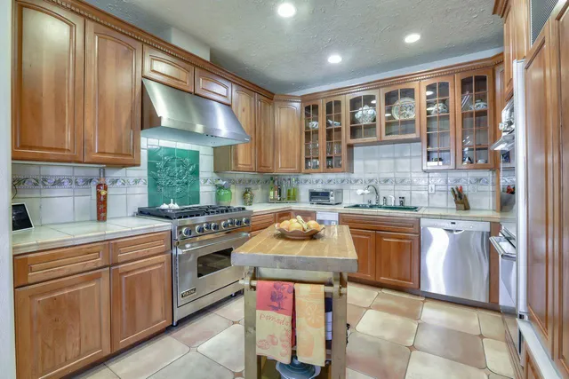 a kitchen with stainless steel appliances granite countertop a stove a sink and a refrigerator