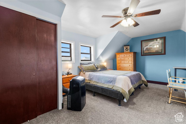 11450 Pigeon Hollow Road Spring City, UT 84662 - Photo 13 of 47 Carpeted bedroom featuring a closet, lofted ceiling, and a ceiling fan