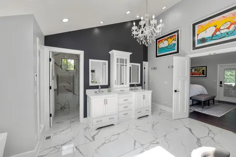 a bathroom with a shower and a shower curtain