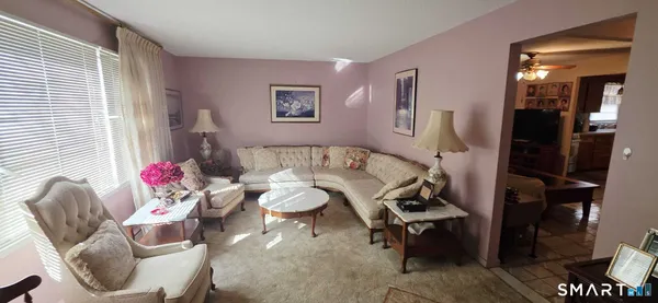 a living room with furniture and a rug