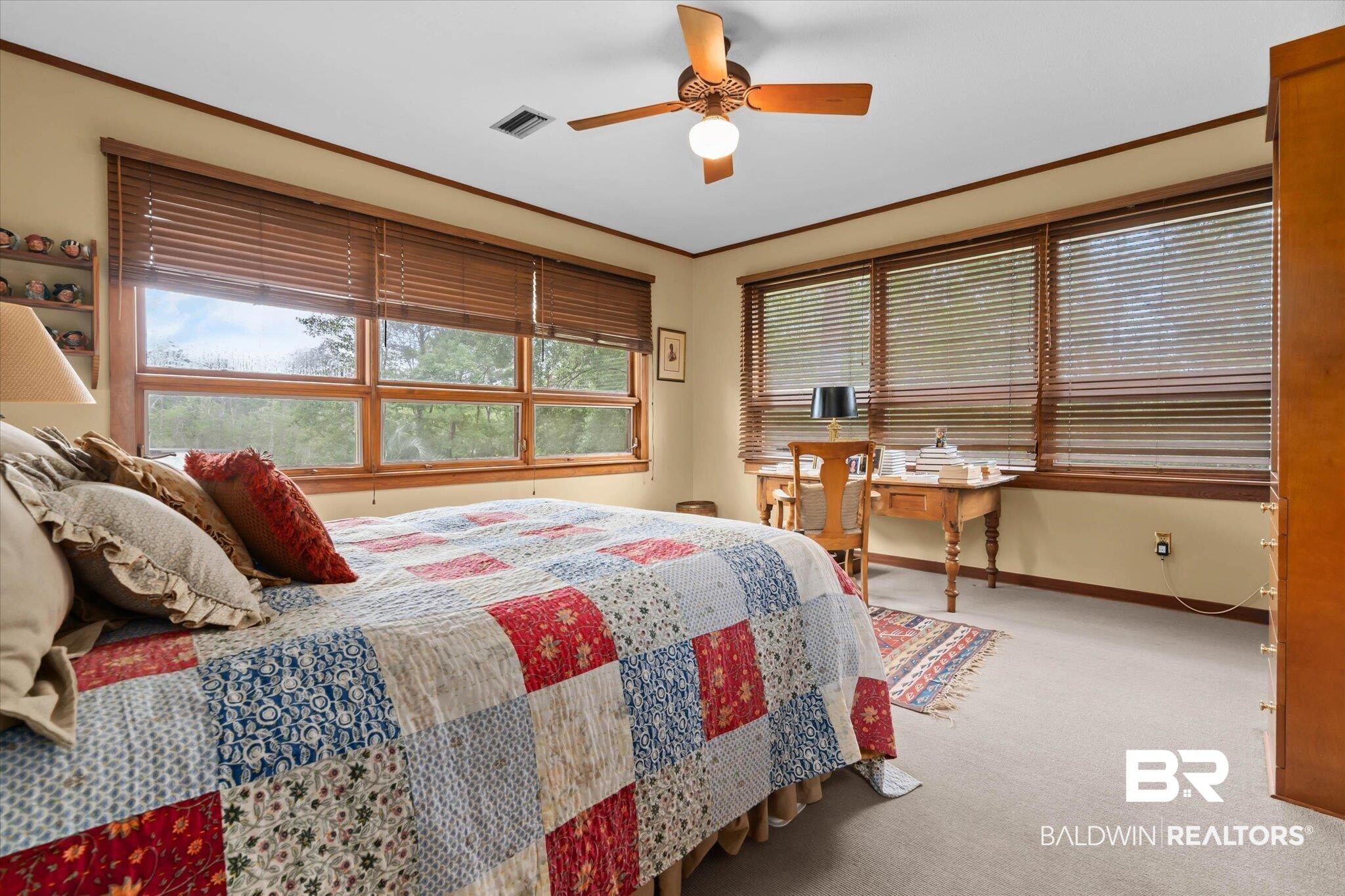 3500 Venetia Road Mobile, AL 36605 - Photo 21 of 56 Neutral-toned bedroom featuring wall-to-wall carpeting, wood-trimmed windows with horizontal blinds, and a ceiling fan with integrated lighting