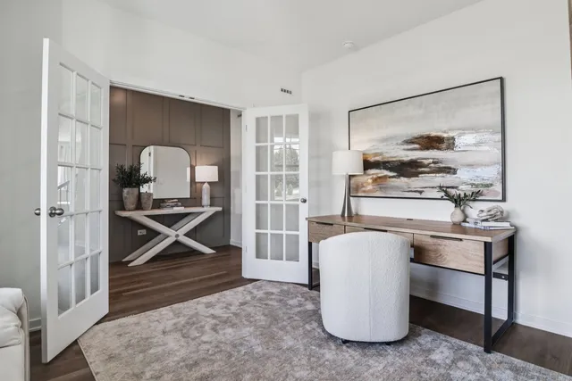 a view of workspace with wooden floor